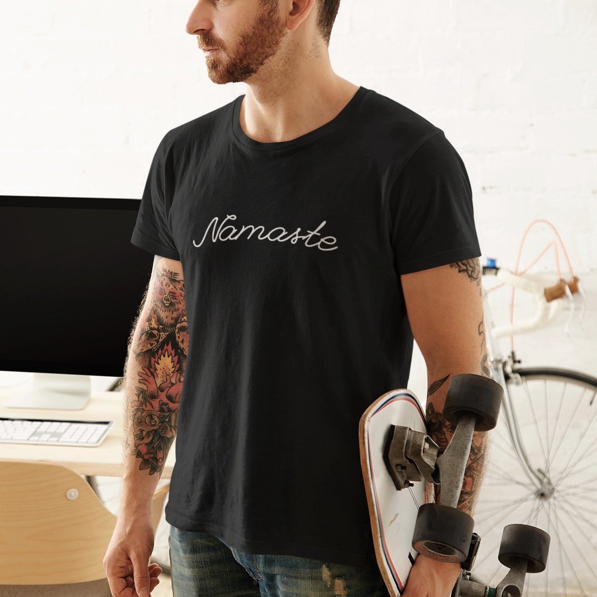 T-shirt Heren met print Namaste | Zwart - Maat 3XL | Festival Outfit | Ronde Hals | 100% Katoen